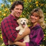 A couple holding a cream-coloured puppy in a sunny garden surrounded by citrus trees.