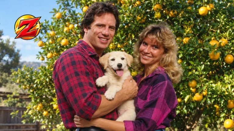 A couple holding a cream-coloured puppy in a sunny garden surrounded by citrus trees.