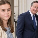 Split portrait collage of a young woman in a cream cardigan and a suited man standing beside a girl outside a stone building