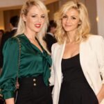 Editorial-style image for a Sophia Egerton biography featuring two blonde women at an indoor event.